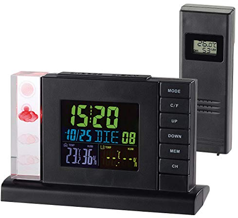 infactory Wecker mit Wetterstation: Funk-Wetterstation mit 3D-Hologramm-Anzeige, Außensensor & Funkwecker (Wecker Projektion, mit Thermometer, Projektionswecker)