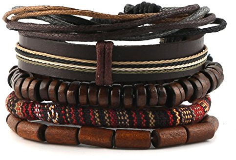 HZMAN Mix 5 Wrap Bracelets Men Women, Hemp Cords Wood Beads Ethnic Tribal Bracelets, Leather Wristbands