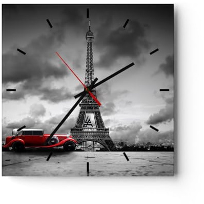 ARTTOR Moderne Wanduhr 40x40cm Quadrat Glasuhr Architektur Städte - 2828 | Auto Eiffel Paris Glas Analog Wanduhr Lautlos Wanddekoration Wohnzimmer Büro Küche Wanddeko Küchenuhr Geräuschlos ARTTOR