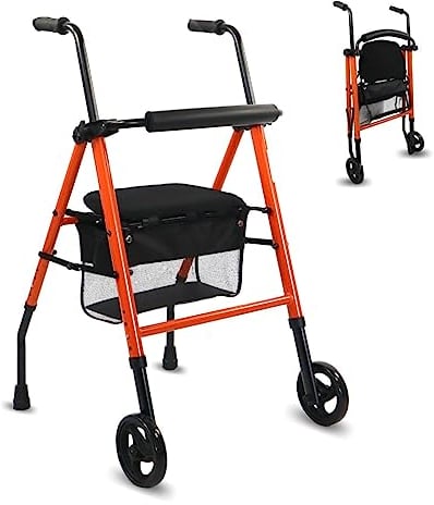 Mobiclinic®, Gehbock mit Rollen Klappbar, Zusammenklappbar, Höhenverstellbar, Nerón, Rollator, Mit Sitz und Rückenlehne, 2 Räder und Rutschfeste Trittflächen, Ablagekorb, Leichtgewicht, Stahl, Orange