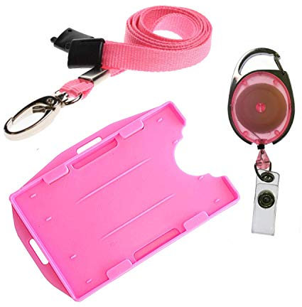 PCL Media ltd Lot de 3 badges d'identification rose avec cordon de homard en métal, enrouleur de badge rétractable, porte-badge double face (paysage et portrait dans un porte-carte)