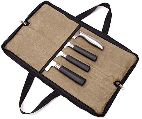 QEES Kochmesser-Tasche Messertasche mit 2 Handgriffen, 4 Fächer, Reißverschluss, Küchenwerkzeugtasche HYGJB440 (Kaki)
