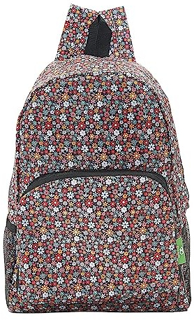 Eco Chic Lightweight Foldable Water Resistant Backpack Rucksack Folds into Pouch for Storage (Ditsy Black)