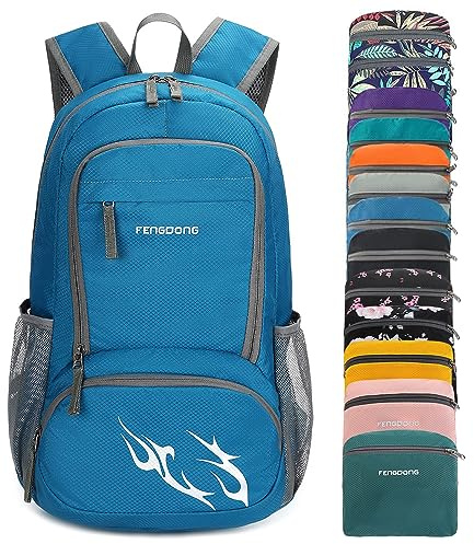 FENGDONG 35L Leichter faltbarer wasserdichter verstaubarer Reise-Wanderrucksack Tagesrucksack für Männer Frauen Blau