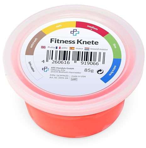 ATC Handels GmbH Fitnessknete in 6 Verschiedene Widerstandsgrade - für Handtraining, Anti-Stress, Handmuskulatur, Feinmotorik - formbar, vielseitig und stärkend (85g - rot, mittel)