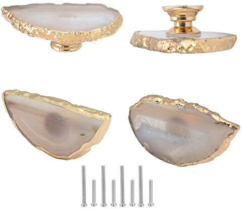 Malimali Einzigartige weiße Achat-Schrankknäufe und Ziehknäufe für Schränke und Schubladen, goldfarbene Kommodenknäufe, zweifach gefalteter Türknauf für Schrank, Küchenschrank, 4 Stück