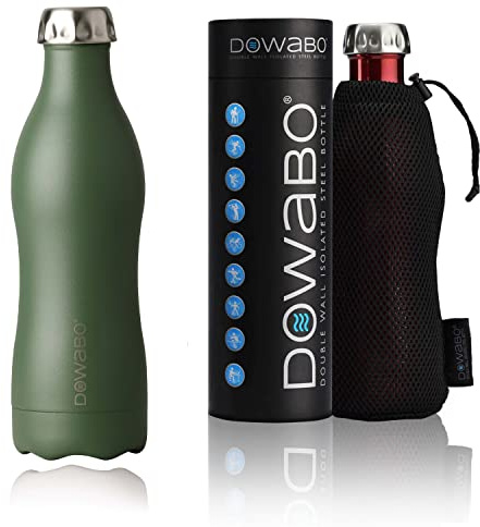 Dowabo Edelstahl Isolierflasche, Olive 500 ml | Edelstahl Trinkflasche, hält 12 h heiß und 24 h kalt, BPA-frei, kohlensäuredicht, auslaufsicher, inkl. Bottle-Bag