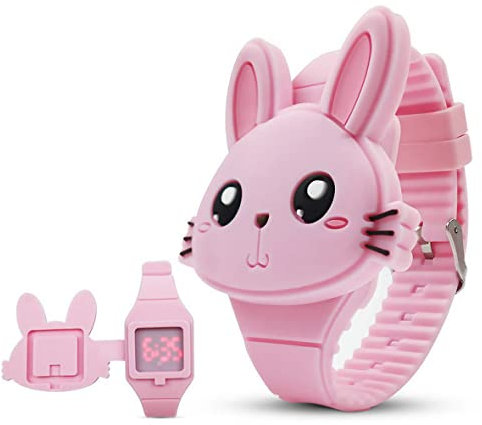 AOOPOO orologio digitale per bambini a forma di coniglio, colore rosa, orologio LED da ragazza, alla moda, in silicone, apertura a scatto, orologio da polso per ragazza, perfetto come regalo (Rosa)