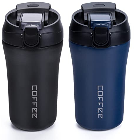 XIAPIA Thermobecher Kaffeebecher To Go 400ml 2er Set, Edelstahl Auslaufsicher Reisebecher mit Strohhalm, Doppelwandig Isolierbecher für Kaffee Tee Glühwein, Heiß und Kalt, Schwaz & Blau