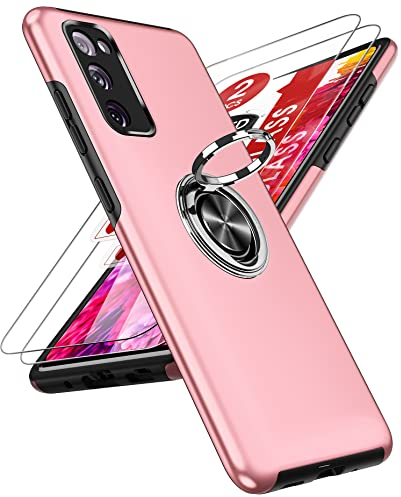 LeYi per Cover Samsung Galaxy S20 FE con Vetro Temperato[2 Pack], Custodia Grado Militare Armour Metallo Anello Supporto TPU+PC Antiurto Silicone Custodie Bumper Case per Samsung S20 FE Rosa