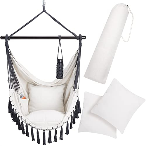DETEX® Hängesessel bis 150kg Belastbar mit Flaschenhalter Boho Stil Wetterfest Garten 360° Drehbar Creme Hängestuhl Indoor & Outdoor Kissen