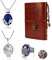 24 Stück The Vampire Diar.s Schmuck Set Vintage Leder Schreibheft Notizbuch Daywalking Katherine Sapphire Crystal Anhänger Halsketten Damon's Ring Film Aufkleber