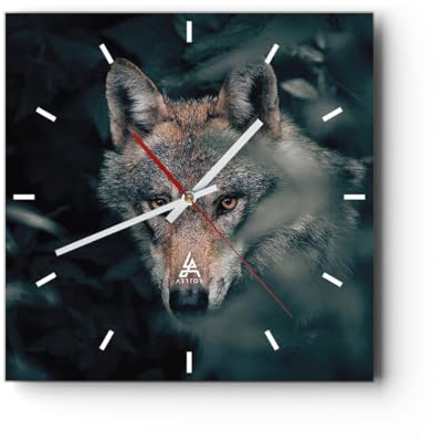 Modern Wanduhr Wolf Wald Raubtier 30x30cm Quadrat Klein Wand Uhr Glas Analog Zimmeruhren Küche Büro Wohnzimmer Glasuhr Wall Clock Dekoration Design Wanddekoration Küchenuhr C3AC30x30-5053