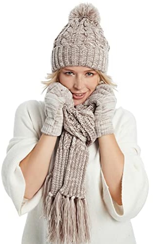 IDOWELA Damen-Beanie-Mütze, Schal, Handschuh-Set, Fleece-gefüttert, Wintermütze, Touchscreen-Handschuhe mit passenden langen Schals, khaki, Einheitsgröße