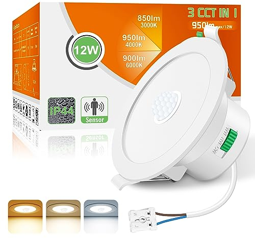 ALUSSO LED Downlights Ceiling Motion Sensor LED Recessed Ceiling Lights 12W IP44 PIR Spotlights Ceiling Lights, 3000K 4000K 6500K Adjustable Ceiling Spot Lights, 1 Pack
