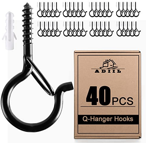 ADIIL Q-Kleiderhaken mit Sicherheitsschnalle, winddichte Schraubhaken zum Aufhängen von Lichterketten im Freien, Pflanzen, Weihnachts-Terrassenlichter, 5,6 cm, Schwarz, 40 Stück