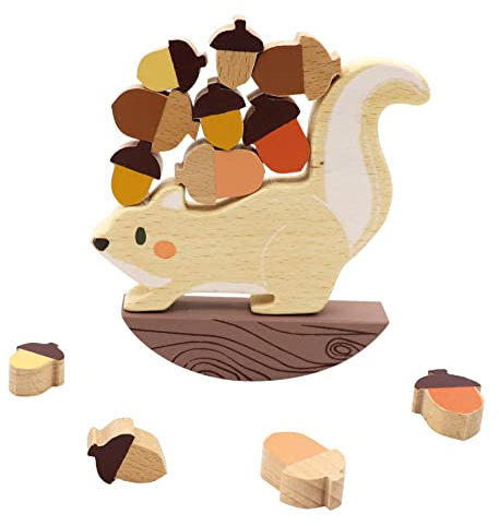 Bino world of toys Holz-Balancierspiel, Eichhörnchen, Spielzeug für Kinder ab 3 Jahre, Holz-Stapelspielzeug, zum Geschicklichkeit Lernen, zur Entwicklung Konzentration und Motorik, 14-tlg., Mehrfarbig