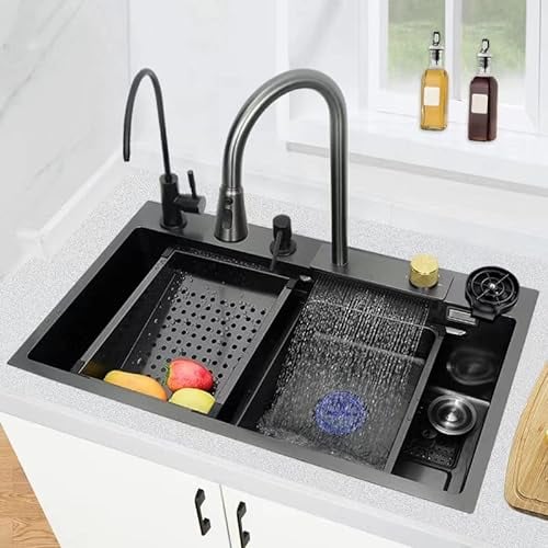 Kitchen Sink, New Nano Kitchen Sink 304 Stainless Steel Grey Waterfall Sink Single Bowl Home Sink Vegetable Basin Workstation Kitchen Sink with Pull-Out Faucet, Pressurized Cup Washer
