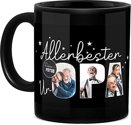 Tassendruck Schwarze Tasse mit Spruch - Allerbester Uropa - zum selbst gestalten mit Foto-Collage für 3 Fotos, Geschenke für Uropa, Geburtstagsgeschenk, Vatertag | 300 ml, personalisiertes Geschenk