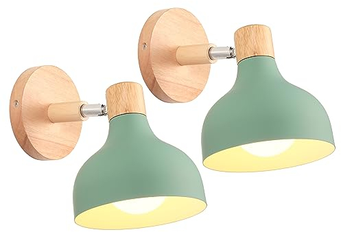iDEGU 2 Stücke Wandlampen Retro E27 Wandleuchte Moderne aus Holz Metall im Skandinavischen Stil Lampenschirm Tropfenförmig Verstellbare Wandspot Vintage Lampe für Schlafzimmer Wohnzimmer (Grün)