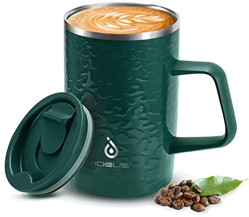 Ideus Vacuum Insulated Coffee Mug, 16oz Reusable Stainless Steel Thermal Double Walled Cup with Handle and Slider Lid for Hot & Cold Beverages, BPA Free (Leapord Dark Green)