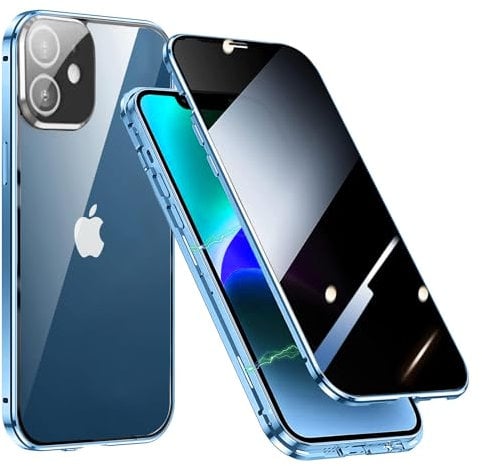 Astter Privacy Case for iPhone 12 Magnetic Case,Anti Spy screen Protector+Lens Protector 360 Degree Magnetic Adsorption Metal Bumper for iPhone 12 Anti-Peeping Phone Cover-Blue