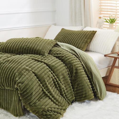 Lanqinglv Plüsch Bettwäsche 135x200 Olivgrün Grün Warme Winter Flauschig Flanell Kunstfell Winterbettwäsche Kuschelig Cashmere Touch Dick Sherpa Bettbezug mit Reißverschluss und 1 Kissenbezug 80x80cm