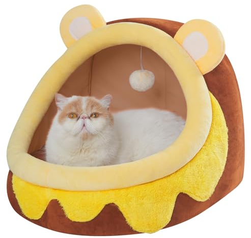 Jiupety Nettes Katzenhöhle, Katzen höhle Katzen bettchen, Katzenbett höhle L (45 cm x 43 cm x 37 cm), Katzenhaus mit rutschfestem Boden, Katzenkorb mit Waschbare Abnehmbare Kissen, Braun