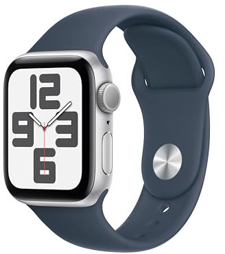 Apple Watch SE (2nd Gen, 2023) [GPS 40mm] Smartwatch with Silver Aluminium Case with Storm Blue Sport Band S/M. Fitness & Sleep Tracker, Crash Detection, Heart Rate Monitor