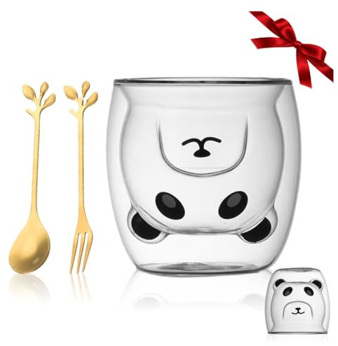 Yuragim Panda Tasse Süße Tasse, Doppelwandige Trinkgläser Kawaii Bär Katze Becher Kaffeetasse Teetasse Espressotassen, Geburtstagsgeschenke Tasse Katzenliebhaber Ideen Weihnachten Geschenk für Frauen