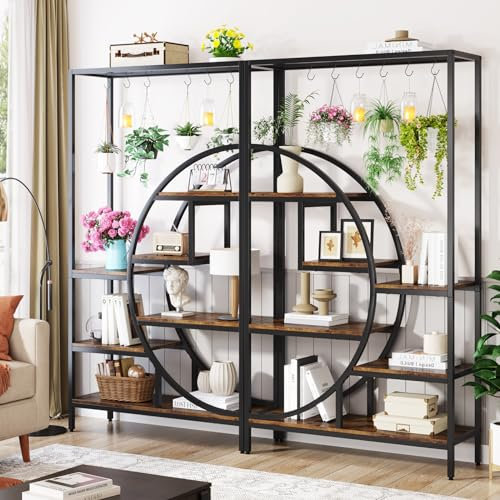 Tribesigns 7 Ebenen Blumenständer, 180cm halbmondförmiges Pflanzenregal mit 6 S-Haken, industrielles Pflanzenständer Präsentationsregal für Indoor Balkon Boden Blumentreppe Wohzimmer (Braun) (2PC)