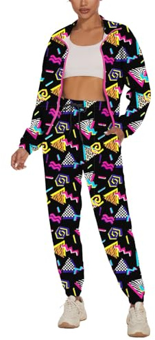 UOUA Frauen Farbe Block 2 Stück 80er 90er Outfits Langärmel Windbreaker Jacke Trainingsanzug Set Schwarz Drucken L