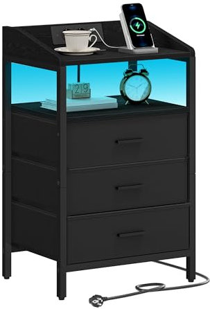 Hzuaneri Nachttisch mit LED-Leuchten und Ladestation, Beistelltisch mit 3 Stoff-Schubladen und Regalen, mit USB-Anschlüssen & Steckdosen, für Schlafzimmer, Wohnzimmer, Schwarz NS36304B