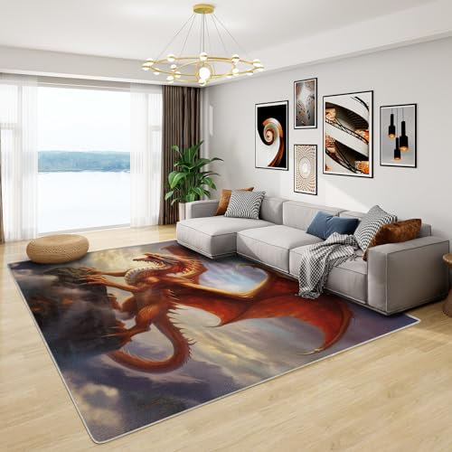 Teppich Drachen - Teppich Wohnzimmer Schlafzimmer Drachenmotiv, Großer Teppich Kinder Fantasy Drache, Weich Kurzflor & Waschbar & rutschfest Kinderteppich, Bettvorleger 100x200 cm