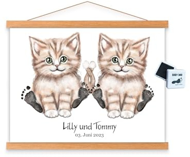 Fußabdruck Set Zwillinge personalisiert, Geschenk zu Geburt, Babyparty, Taufe, Zwillingsfußabdrücke, Wanddeko Twins Babyzimmer Wald- und Safarimotive, Geburtsposter Zwillinge (Katzen)
