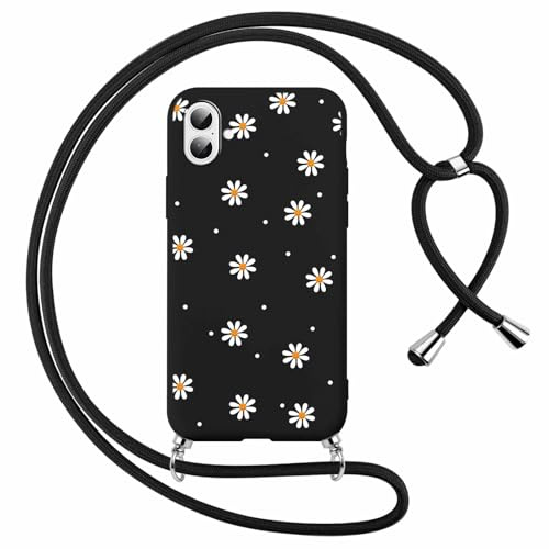 Foonary Handyband Hülle mit Band für iPhone 16 6,1 Handyhülle, Aesthetic Design Kette Necklace Case mit Kordel zum Umhängen Silikon Bumper Schutzhülle Cover Schnur für iPhone 16, Smile Blumen