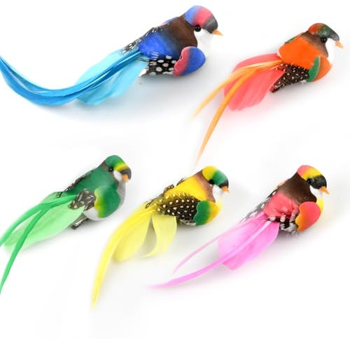Granvoo 5 Stück Bunte Künstliche Feder Schaum Vögel Auf Clips, Feder Vogel Modell, Vogelfigur Simulation Gartenfigur Vogel Künstlichen Vögeln Federn Garten Mini Vogel für Baumschmuck Ornamente DIY