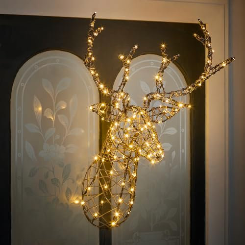 Lights4fun 84cm Studley LED Rattan Hirschgeweih Rentier Geweih Wanddeko Timer Weihnachtsbeleuchtung Außen und Innen Weihnachtsfigur Rentier