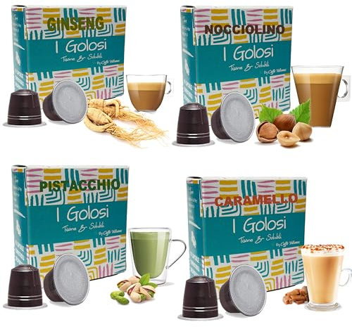 Caffè Vulcanus - 120 lösliche Kapseln mit den Geschmacksrichtungen Ginseng, Nocciolino, Karamell und Pistazie - Kapseln kompatibel mit Nespresso