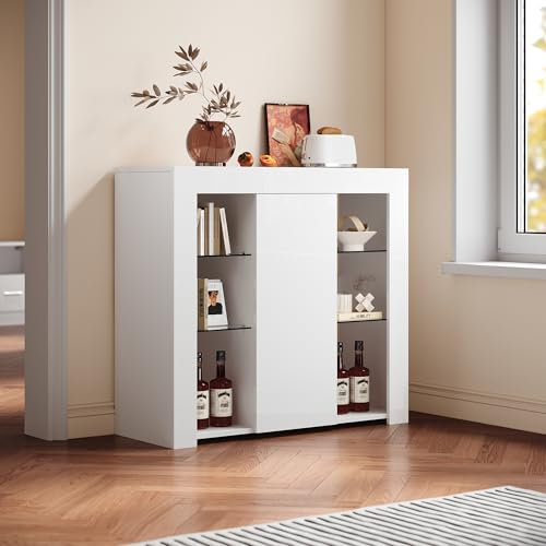 SIRHONA Buffet Cuisine Meuble de Rangement, Buffet Blanc Salon Meuble avec lumière, 4 Verres Trempés, 1 Porte Latérale, 90x35x83cm