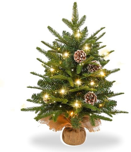 HENGMEI 60 cm Künstlicher Weihnachtsbaum Tischchristbaum Klein Christbaum Tannenbau Weihnachtsdekobaum mit Led Lichterkette mit Batteriebox und Basis (Tannenzapfen, PVC+PE)
