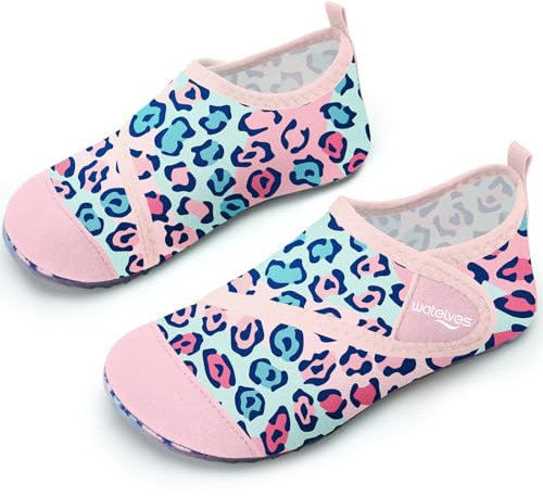 WateLves Badeschuhe Strandschuhe Schwimmschuhe Wasserschuhe Mädchen Baby Aquaschuhe Schnell Trocknend Barfuss Schuh für Kinder Beach Pool（Leopard RosaBlau 24/25）