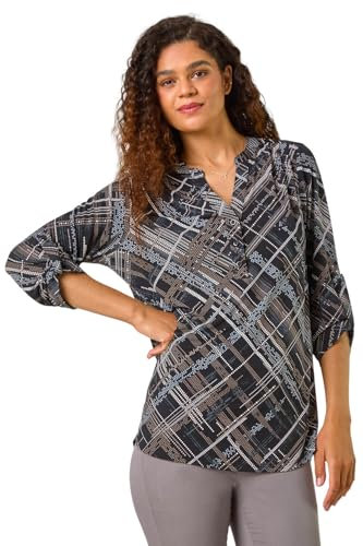 Roman Shirt for Women UK Ladies Top Collarless Blouse Stretchy Tunic Smart Casual Autumn Winter Jersey 3/4 Length Sleeve Notch V Neck Flattering Office Work - Chocolate - Size 10