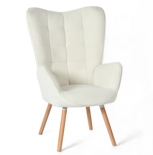 MEUBLE COSY Sessel Relaxsessel Lehnstühle Polstersessel Einzelsofa mit Holzbein Ohrensessel für Wohnzimmer Schlafzimmer Büro Vanity, Bouclé-Stoff, Weiß