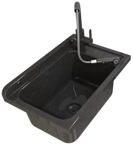 Granitan - Waschbecken Schwarz mit Ausziehbarem Wasserhahn - Polypropylen - Garage/Waschküche - 58x38 cm - Inklusive Mischbatterie und Installationsset