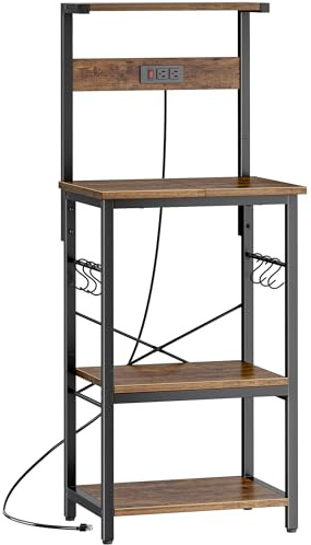 SUPERJARE Estante para hornear de 4 niveles con tomas de corriente, soporte para microondas con estante ajustable, organizador de estante de cocina para espacios pequeños, barra de café con 6 ganchos