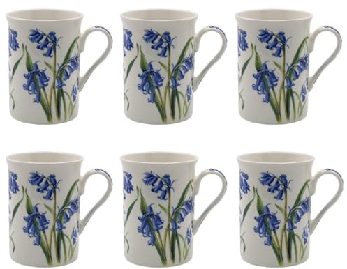Tamersgifts Fine China Floral Mugs, 300ml Capacity, Set of 6, Assorted Garden Flower Designs (6 Bluebell Coffee Mugs)