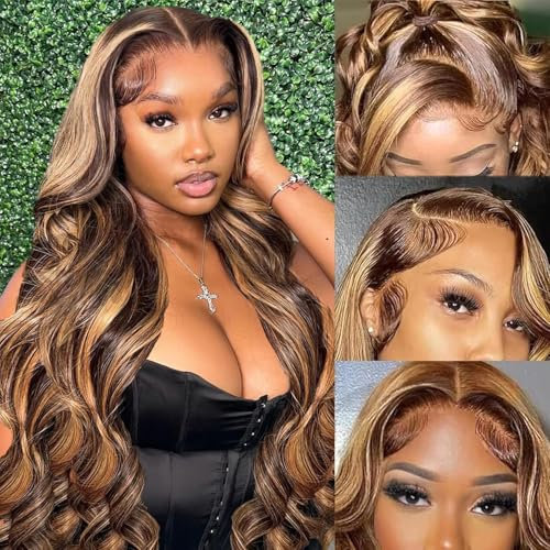 Ombre Highlight Perücke Damen Natürliche brasilianische Body Wave Echthaarperücke, 13x4 HD Lace Front Perücke Echthaar, P4/27 Ombre Glueless Echthaarperücke 26 Inch(66cm)
