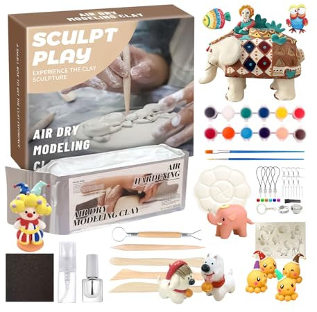 Kit d'argile séchée à l'air libre, argile à modeler douce avec 12 peintures de couleur, accessoire de poterie facile à utiliser, ensemble créatif pour filles, adultes, adolescents, fête, anniversaire