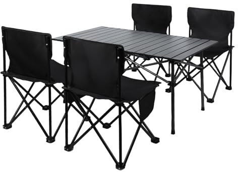 Klappbarer Campingtisch und Stühle, Set für 4 Personen, tragbarer aufrollbarer Picknicktisch mit großer Aufbewahrungstasche, ideal für Grillen, Strand, Angeln und Innenbereich, 95 cm x 55 cm